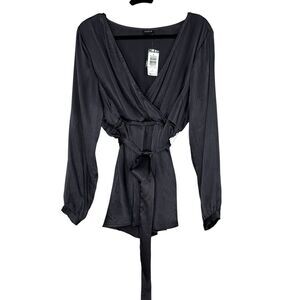 NEW Torrid Blouse Womens 1X Top Satin Wrap Belted Career Office Gray